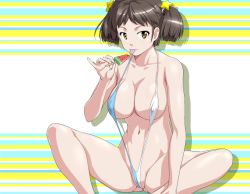 Rule 34 | 1girl, :p, black hair, breasts, brown eyes, cameltoe, cleavage, covered erect nipples, kumada kazushi, large breasts, looking at viewer, original, pinky out, popsicle, short hair, short twintails, sitting, slingshot swimsuit, solo, spread legs, swimsuit, tongue, tongue out, twintails, watermelon bar