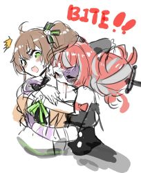 Rule 34 | 2girls, biting, black bow, black dress, blood, bow, brown hair, cat hair ornament, closed mouth, collarbone, colored skin, cropped legs, double bun, dress, green eyes, grey hair, grey skin, hair bow, hair bun, hair ornament, highres, hololive, hololive indonesia, hug, hug from behind, jacket, kureiji ollie, multicolored hair, multiple girls, natsuiro matsuri, natsuiro matsuri (1st costume), object through head, off-shoulder jacket, off shoulder, orange jacket, red hair, side ponytail, sketch, stitched face, stitches, streaked hair, sui hi sf, surprised, sword in head, v-shaped eyebrows, virtual youtuber, white background, zombie