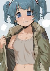Rule 34 | 1girl, blue eyes, blue hair, blush, breasts, cleavage, clenched teeth, clothes pull, clothes tug, cloud, crop top, eyebrows hidden by hair, frown, geppewi, grey background, groin, highres, jacket, jacket pull, kawashiro nitori, navel, open clothes, presenting, short hair, short twintails, simple background, small breasts, sports bra, sweat, tagme, tank top, tareme, teeth, traditional youkai, turtleneck, turtleneck jacket, twintails, worried