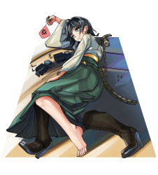 Rule 34 | absurdres, barefoot, black footwear, black hair, blue eyes, boots, destruction, feet, giant, giantess, green hakama, hakama, highres, japanese clothes, kantai collection, kimono, liangzi tai youling, lying, matsukaze (kancolle), military, military truck, military vehicle, motor vehicle, obi, on side, robe, sash, shoes, short hair, size difference, smile, soldier, toes, truck, unworn shoes, yellow robe