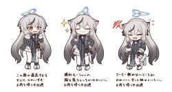 Rule 34 | achilles (yosshyachillesd), animal ears, black dress, black hair, black jacket, blue archive, chibi, closed eyes, closed mouth, commentary request, cup, dress, gradient hair, grey hair, halo, hands on own hips, highres, holding, holding cup, jacket, kokona (blue archive), long hair, multicolored hair, open mouth, sitting, smile, streaked hair, striped clothes, striped dress, striped jacket, tears, tiger ears, tiger girl, translation request, vertical-striped clothes, vertical-striped dress, vertical-striped jacket