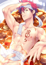 Rule 34 | 10s, 1boy, abs, apron, censored, cum, cum on male, food, foreshortening, headband, in food, looking at viewer, lying, male focus, mazjojo, mosaic censoring, naked apron, nantaimori, nude, on back, one eye closed, outstretched arm, penis, red hair, sexually suggestive, shokugeki no souma, solo, spiked hair, yellow eyes, yukihira souma