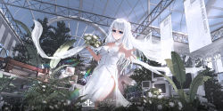 Rule 34 | 1girl, 3d, absurdres, artist name, blue eyes, blunt bangs, breasts, cleavage, dress, highres, liht, original, outstretched hand, plant, small breasts, standing, watermark, white dress, white hair