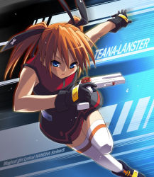 Rule 34 | 00s, 1girl, blue eyes, character name, copyright name, cross mirage, eretto, gloves, gun, lyrical nanoha, magical girl, mahou shoujo lyrical nanoha, mahou shoujo lyrical nanoha strikers, orange hair, running, solo, teana lanster, thighhighs, twintails, weapon, zettai ryouiki