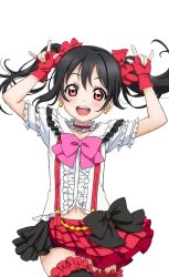Rule 34 | 10s, 1girl, artist request, black hair, blush, bokura wa ima no naka de, bow, choker, collarbone, double m/, earrings, fingerless gloves, frills, gloves, hair bow, jewelry, long hair, looking at viewer, love live!, love live! school idol festival, love live! school idol festival after school activity, love live! school idol project, m/, midriff, navel, nico nico nii, official art, open mouth, pink bow, plaid, puffy short sleeves, puffy sleeves, red eyes, short sleeves, skirt, smile, solo, standing, suspenders, teeth, thighhighs, transparent background, twintails, yazawa nico