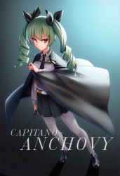 Rule 34 | 10s, 1girl, anchovy (girls und panzer), anzio school uniform, arnold-s, belt, black footwear, black necktie, black ribbon, black skirt, cape, closed mouth, commentary request, dress shirt, drill hair, emblem, full body, girls und panzer, green hair, hair ribbon, highres, holding, holding riding crop, italian text, loafers, long hair, long sleeves, looking at viewer, miniskirt, necktie, pantyhose, pleated skirt, red eyes, ribbon, riding crop, school uniform, shirt, shoes, skirt, smile, solo, standing, twin drills, twintails, white pantyhose, white shirt