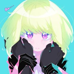 Rule 34 | 2boys, black gloves, black jacket, blonde hair, blue background, blush, galo thymos, gloves, half gloves, highres, holding another&#039;s wrist, jacket, lio fotia, looking at viewer, looking up, male focus, multiple boys, pov, pov hands, promare, purple eyes, short hair, sidelocks, solo focus, sweatdrop, trap, v-shaped eyebrows, yzyz630