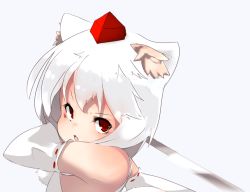 Rule 34 | 1girl, animal ears, bare shoulders, detached sleeves, fang, hat, holding, holding weapon, inubashiri momiji, natsume-same, pom pom (clothes), red eyes, solo, sword, tail, tokin hat, touhou, weapon, wolf ears, wolf tail