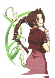 Rule 34 | 1girl, aerith gainsborough, bad id, bad pixiv id, bow, brown hair, claire roses, closed mouth, cropped jacket, dress, final fantasy, final fantasy vii, flower, green eyes, hair ribbon, highres, jewelry, long dress, long hair, looking at viewer, marker (medium), pink bow, pink dress, ponytail, ribbon, simple background, smile, solo, traditional media, white background
