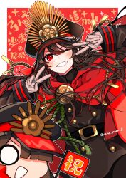 Rule 34 | belt, black headwear, cape, cloak, crest, family crest, fate/grand order, fate (series), hat, highres, long hair, long sleeves, military hat, oda nobunaga (fate), oda uri, outside border, peaked cap, red cape, red cloak, red eyes, simple background, smile, v, very long hair, yui (tamagohan)