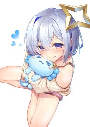 Rule 34 | 1girl, absurdres, amane kanata, angel wings, axolotl, blue hair, bra strap, cheek squash, colored inner hair, dolphin shorts, from above, grey hair, heart, highres, hololive, hug, multicolored hair, off shoulder, purple eyes, shorts, simple background, sitting, solo, sumi tsuki, sweater, virtual youtuber, white background, wings