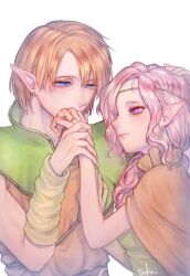 Rule 34 | 1boy, 1girl, arm warmers, armor, blonde hair, breasts, brown shirt, capelet, closed mouth, couple, dress, earrings, elf, gensou suikoden, gensou suikoden i, gold headband, green dress, hetero, highres, jewelry, kirkis (suikoden), kiss, kissing hand, long hair, long pointy ears, medium breasts, orange capelet, pink hair, pointy ears, purple hair, sakai (motomei), shirt, short hair, shoulder armor, simple background, single earring, smile, sylvina (suikoden), white background