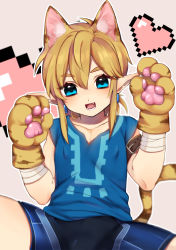 Rule 34 | 1boy, absurdres, animal ears, animal hands, bike shorts, blonde hair, blue eyes, bulge, earrings, extra ears, fang, gloves, hair between eyes, heart, highres, jewelry, link, looking at viewer, male focus, nintendo, open mouth, paw gloves, pixel heart, seitarou, smile, solo, tail, the legend of zelda, the legend of zelda: skyward sword, tiger ears, tiger tail, tunic