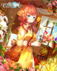 Rule 34 | 1girl, bag, blue eyes, blue sky, blush, brown hair, closed mouth, copyright name, day, dress, dutch angle, flower, flower pot, flower request, from side, holding, holding flower, indoors, long hair, long sleeves, looking at viewer, miemia, puffy long sleeves, puffy sleeves, rose, shoulder bag, sky, standing, sunlight, tenkuu no crystalia, window, yellow dress