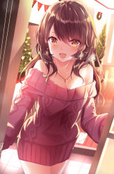 Rule 34 | 1girl, :d, absurdres, aran sweater, blush, breasts, brown eyes, brown hair, cable knit, christmas, christmas tree, christmas wreath, cleavage, dress, earrings, haruka natsuki, highres, jewelry, long hair, looking at viewer, necklace, open mouth, original, smile, solo, standing, strapless, strapless dress, sweater, sweater dress, tree, wreath