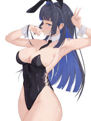 Rule 34 | 1girl, absurdres, alternate costume, animal ears, arm up, armpits, between breasts, black hair, black hairband, black leotard, black necktie, blue eyes, blue hair, blunt bangs, breasts, chyraliss, colored inner hair, covered navel, detached collar, fake animal ears, hair intakes, hairband, hand to own mouth, hand up, highleg, highleg leotard, highres, hololive, hololive english, large breasts, leotard, long hair, looking at viewer, looking to the side, multicolored hair, necktie, necktie between breasts, official alternate hair length, official alternate hairstyle, ouro kronii, playboy bunny, purple nails, rabbit ears, side-tie leotard, sideboob, simple background, solo, strapless, strapless leotard, thighs, two-tone hair, v, virtual youtuber, white background, wide hips, wrist cuffs