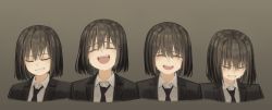 Rule 34 | 1girl, :d, absurdres, black jacket, black neckwear, bob cut, brown background, brown hair, closed eyes, collared shirt, commentary request, cropped shoulders, crying, face, facing viewer, formal, grin, highres, jacket, laughing, multiple views, necktie, nervous smile, open mouth, original, sad smile, sequential, shirt, short hair, simple background, smile, tears, yoon cook