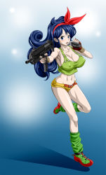 Rule 34 | 1girl, armpits, belt, blue eyes, blue hair, blush, breasts, cleavage, covered erect nipples, curly hair, dragon ball, explosive, fingerless gloves, full body, gloves, gradient background, green tank top, grenade, hair ribbon, highres, holding, holding weapon, large breasts, legs, long hair, looking at viewer, lunch (dragon ball), matching hair/eyes, midriff, navel, nel-zel formula, open mouth, ribbon, shoes, short shorts, shorts, simple background, smile, sneakers, socks, solo, standing, tank top, thighs, weapon, yellow shorts