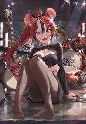 Rule 34 | 1girl, absurdres, animal ears, black hair, blackberry baelz, blue eyes, bodystocking, breasts, character name, cleavage, drum, drum set, electric guitar, feet, guitar, hakos baelz, highres, hololive, hololive english, instrument, jushoro, knees together feet apart, knees up, legs, long hair, medium breasts, microphone, mouse ears, mouse girl, mouse tail, multicolored hair, no shoes, ponytail, red hair, sitting, streaked hair, sweat, tail, toes, virtual youtuber, white hair