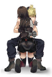 Rule 34 | 1boy, 1girl, armor, arms around neck, baggy pants, bare shoulders, bike shorts under skirt, black gloves, black hair, black skirt, black thighhighs, blonde hair, blue pants, boots, brown hair, closed eyes, cloud strife, commentary, couple, crop top, elbow gloves, english commentary, final fantasy, final fantasy vii, final fantasy vii rebirth, final fantasy vii remake, fingerless gloves, from behind, full body, gloves, hands on another&#039;s back, hands on another&#039;s head, head on another&#039;s shoulder, highres, hug, invisible chair, kneeling, long hair, low-tied long hair, pants, pudelmudel, red footwear, shoulder armor, single bare shoulder, sitting, skirt, spiked hair, tank top, thighhighs, tifa lockhart, white background, white tank top
