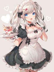Rule 34 | 1girl, :d, apron, black bow, black bowtie, black dress, blue eyes, blush, bow, bowtie, breasts, brooch, cleavage, cowboy shot, detached collar, dress, food, frills, hair bow, hair ornament, hairclip, heart, heart hair ornament, jewelry, large breasts, long hair, looking at viewer, maid, maid apron, maid headdress, open mouth, original, parfait, pocky, shione (memento forest), short dress, sidelocks, simple background, smile, solo, tray, twintails, white apron, white hair