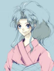 Rule 34 | 1girl, blue hair, botan (yu yu hakusho), closed mouth, highres, japanese clothes, kimono, long hair, looking at viewer, ponytail, simple background, smile, solo, yuu yuu hakusho
