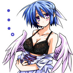 Rule 34 | ..., 1girl, bare shoulders, black bra, blue hair, blush, bra, breasts, cleavage, clothes down, collarbone, female focus, hair ribbon, half updo, hemogurobin a1c, hemogurobina1c, lingerie, looking at viewer, mai (touhou), mystic square, off shoulder, pink eyes, ribbon, short hair, solo, touhou, touhou (pc-98), underwear, upper body, wings, witch