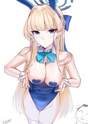 Rule 34 | 1boy, 1girl, animal ears, doodle sensei (blue archive), bare shoulders, blonde hair, blue archive, blue eyes, blue leotard, blush, bow, bowtie, braid, breasts, breasts out, cliov, detached collar, fake animal ears, french braid, halo, heart pasties, highleg, highleg leotard, highres, leotard, long hair, looking at viewer, medium breasts, pasties, playboy bunny, rabbit ears, sensei (blue archive), solo focus, thighhighs, thighs, toki (blue archive), toki (bunny) (blue archive), white thighhighs, wrist cuffs