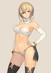 Rule 34 | 1girl, bandeau, beige background, black thighhighs, blue eyes, bracelet, contrapposto, cowboy shot, detached collar, elbow gloves, fingerless gloves, gloves, hair between eyes, hand on own hip, jewelry, km yama, light brown hair, looking at viewer, navel, original, panties, short hair, simple background, smile, solo, standing, strapless, string panties, thighhighs, tube top, underwear, white gloves, white panties