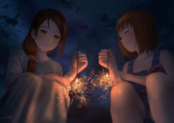Rule 34 | 2girls, :d, ^ ^, ahoge, bad id, bad pixiv id, bare shoulders, blurry, blush, bow, brown eyes, brown hair, closed eyes, collarbone, commentary request, depth of field, fireworks, from below, grin, hair ornament, hair over shoulder, hair scrunchie, hand on own knee, holding, long hair, long sleeves, looking down, love live!, love live! sunshine!!, multiple girls, night, night sky, open mouth, outdoors, overalls, papi (papiron100), parted lips, raglan sleeves, sakurauchi riko, scrunchie, senkou hanabi, short hair, signature, sky, smile, sparkler, squatting, star (sky), starry sky, striped, takami chika, teeth