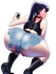 Rule 34 | 1girl, alcohol, ass, ass focus, bare shoulders, beer, beer can, black hair, bleach, blush, boots, breasts, can, choker, drink can, drunk, embarrassed, female focus, gairon, highres, huge ass, kneeling, large breasts, long hair, mature female, multiple views, shorts, solo, tank top, thick thighs, thighs, turnaround, turning head, unagiya ikumi