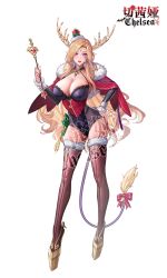 Rule 34 | 1girl, antlers, bare hips, blonde hair, breasts, cape, christmas, cleavage, curvy, demon girl, demon tail, earrings, fur collar, hand on own hip, heart, highres, horns, jewelry, large breasts, leotard, lipstick, long legs, looking at viewer, makeup, nail polish, original, parted lips, pointy ears, simple background, solo, tail, thick thighs, thighhighs, thighs, tsuki no i-min, virtual youtuber, wand, wrist cuffs, zipper