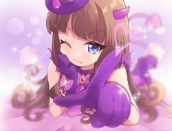Rule 34 | 1girl, :3, bad id, bad twitter id, blue eyes, blurry, blurry background, brown hair, closed mouth, demon horns, demon tail, drawing on fourth wall, fang, gloves, hand on own cheek, hand on own face, hat, heart, horns, kurosu aroma, long hair, looking at viewer, lying, msp sammy, on stomach, one eye closed, pretty series, pripara, purple gloves, purple hat, purple horns, slit pupils, smile, solo, sparkle, tail