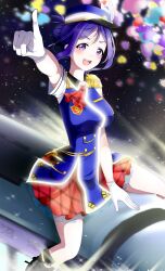 Rule 34 | 1girl, blue dress, blue eyes, blue hair, blue hat, blush, dress, epaulettes, feathers, gloves, hair bun, happy party train, hat, hat feather, heart, highres, kapuridora p, looking at viewer, love live!, love live! sunshine!!, matsuura kanan, neckerchief, night, night sky, open mouth, pointing, red neckerchief, riding, sky, smile, solo, star (sky), train, white gloves