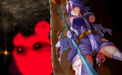 Rule 34 | 1girl, bare shoulders, bleeding, blood, breasts, broken finger, cape, celine jules, dlc (sekiei), elbow gloves, facial mark, forehead mark, gloves, hat, hiding, highres, holding, holding staff, injury, jewelry, large breasts, long hair, monster, purple hair, scared, skirt, solo, staff, star ocean, star ocean the second story, torn clothes, torn gloves