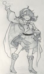 Rule 34 | 1girl, absurdres, arm up, boots, bow, cape, carbohydrate (asta4282), dress, footwear bow, full body, hairband, highres, knee boots, long sleeves, open mouth, patchwork clothes, puffy sleeves, solo, standing, tenkyuu chimata, touhou, traditional media