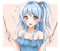 Rule 34 | 10s, 1girl, bang dream!, bare shoulders, blue dress, blue hair, blush, breasts, brown background, cleavage, collarbone, commentary request, dress, drumsticks, flower, flying sweatdrops, hair between eyes, hair flower, hair ornament, hands up, highres, holding, long hair, matsubara kanon, off-shoulder dress, off shoulder, one side up, open mouth, purple eyes, purple flower, round teeth, sin (sin52y), small breasts, solo, teeth, translation request, two-tone background, upper teeth only, white background, yellow flower