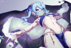 Rule 34 | 1girl, blue eyes, blue hair, bracelet, breasts, commentary request, covered erect nipples, dancer, earrings, hair ornament, hololive, hoshimachi suisei, jewelry, looking at viewer, medium hair, mouth veil, nail polish, navel, pelvic curtain, revealing clothes, see-through, shawl, small breasts, smile, solo, star (symbol), star earrings, star hair ornament, star in eye, symbol in eye, twintails, uganda (ugandam 00), veil, virtual youtuber