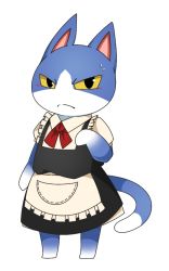 Rule 34 | 1boy, alternate costume, animal crossing, blush, cat, colored sclera, enmaided, frown, full body, maid, male focus, nintendo, simple background, solo, standing, sweatdrop, tom (animal crossing), white background, yellow sclera