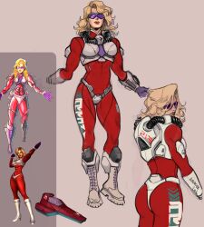 Rule 34 | 1girl, alternate costume, armor, ass, blonde hair, bodysuit, boots, f-zero, full body, highres, long hair, monique l&#039;amoreaux, monkiinart, muscular, muscular female, nintendo, official art, red lips, redesign, reference inset, sketch, solo, standing, sunglasses