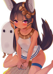 Rule 34 | &lt;o&gt; &lt;o&gt;, 1girl, animal ear fluff, animal ears, bare arms, bare shoulders, barefoot, blue nails, blush, breasts, brown hair, closed mouth, collarbone, dark-skinned female, dark skin, dress, egyptian, egyptian clothes, hieroglyphics, highres, long hair, looking at viewer, medjed (mythology), nail polish, original, panties, purple eyes, simple background, sitting, skindentation, sleeveless, sleeveless dress, small breasts, standing, surio, tail, thigh strap, underwear, v-shaped eyebrows, very long hair, wariza, white background, white dress, white panties