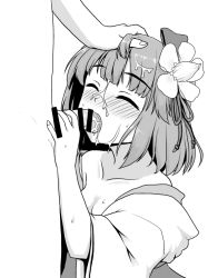 Rule 34 | 1girl, bar censor, blush, breasts, censored, cleavage, closed eyes, cum, cum on hair, facial, fellatio, flower, go3 (debris00), greyscale, hair flower, hair ornament, hand on another&#039;s head, hieda no akyuu, monochrome, nose blush, oral, penis, short hair, short sleeves, simple background, small breasts, solo focus, sweat, touhou, white background