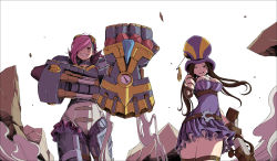 Rule 34 | 2girls, armor, breasts, brown hair, caitlyn (league of legends), cleavage, finger gun, gauntlets, gloves, goggles, gun, hair over one eye, hat, highres, ieung-isegae, league of legends, long hair, multiple girls, non-web source, pink hair, short hair, vi (league of legends), weapon