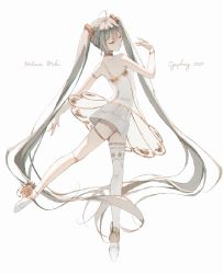 Rule 34 | 1girl, ahoge, armlet, bare arms, bare shoulders, bracelet, character name, closed mouth, commentary, dancing, dress, closed eyes, from behind, full body, hair ornament, hatsune miku, highres, jewelry, layered dress, long hair, miku symphony (vocaloid), osage (8545675), see-through, silver hair, single thighhigh, smile, solo, thighhighs, thighlet, tiptoes, very long hair, vocaloid, white dress, white footwear, white thighhighs