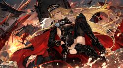 Rule 34 | 1girl, absurdres, aiguillette, armored boots, azur lane, bird, bismarck (azur lane), bismarck zwei (azur lane), black footwear, black gloves, black hat, blonde hair, blood, blood on face, blue eyes, boots, breasts, cape, closed mouth, cloud, cloudy sky, dirty, dirty face, embers, expressionless, full body, fur-trimmed cape, fur trim, gloves, hair between eyes, hand on own knee, hat, high heel boots, high heels, highres, large breasts, long hair, looking to the side, mento, military hat, ocean, official art, peaked cap, rigging, scabbard, sheath, sheathed, sideboob, sitting, sky, smoke, solo, sword, thighs, throne, turret, two-sided cape, two-sided fabric, weapon, wind