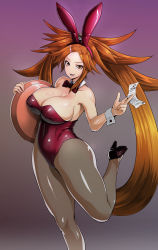 Rule 34 | 1girl, animal ears, bad feet, bare shoulders, black pantyhose, bow, bowtie, breasts, brown eyes, brown hair, brown pantyhose, cleavage, commentary request, covered erect nipples, covered navel, curvy, detached collar, fake animal ears, gradient background, guilty gear, guilty gear xrd, hair rings, high heels, highres, huge breasts, kuradoberi jam, leotard, long hair, looking at viewer, money, open mouth, pantyhose, playboy bunny, purple background, rabbit ears, red leotard, shiny clothes, shiny skin, smile, solo, standing, standing on one leg, strapless, thick thighs, thighs, tray, twintails, very long hair, wrist cuffs, yoshimura tatsumaki
