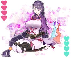 Rule 34 | 1girl, armor, blue eyes, bodysuit, breasts, fate/grand order, fate (series), hair ornament, heart, japanese clothes, large breasts, lips, minamoto no raikou (fate), purple hair, ribbon, rope, sitting, skirt, smile, solo, very long hair