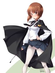 Rule 34 | 1girl, anchovy (cosplay), anzio school uniform, artist name, belt, black necktie, blue skirt, blush, breasts, brown eyes, brown hair, cameltoe, cape, closed mouth, clothes lift, cosplay, dated, girls und panzer, groin, hand on own hip, highres, kuzuryuu kennosuke, looking at viewer, military, military uniform, miniskirt, necktie, nishizumi miho, one-hour drawing challenge, panties, panties under pantyhose, pantyhose, pink panties, riding crop, school uniform, shiny skin, shirt, short hair, simple background, skirt, skirt lift, small breasts, solo, standing, underwear, uniform, white background, white pantyhose