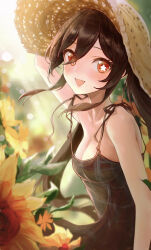 Rule 34 | 1girl, alternate costume, arm up, bare shoulders, black dress, blurry, blush, breasts, brown hair, cleavage, commentary, depth of field, dress, flower, flower-shaped pupils, genshin impact, hair between eyes, hat, highres, hu tao (genshin impact), long hair, looking at viewer, medium breasts, open mouth, outdoors, red eyes, sheng zhidou, sleeveless, sleeveless dress, smile, solo, straw hat, sun hat, sunflower, sunlight, symbol-shaped pupils, twintails, upper body, yellow hat
