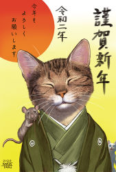Rule 34 | 2020, animal, animal focus, animal on shoulder, artist name, blue eyes, cat, closed eyes, clothed animal, commentary request, gradient background, green background, green kimono, head tilt, japanese clothes, kimono, looking at viewer, matataku, mouse (animal), new year, no humans, original, signature, surprised cat (matataku), translation request, whiskers, white cat, white fur